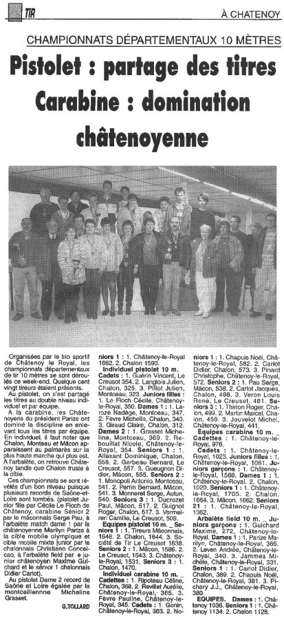 TIR À CHATENOY Championnat Départemental 10 mètres 4 et 5 novembre 1995 Le Journal de Saône et Loire Pistolet : partage des titres Carabine : domination châtenoyenne
